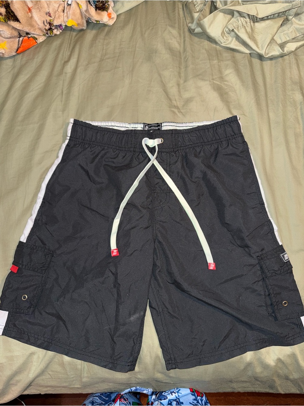 Men's Black Cargo Swim Shorts with White Drawcord